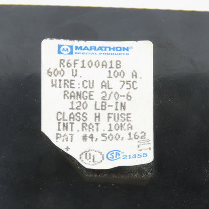 Marathon R6F100A1B 1 Pole 100A Fuse Holder 600V Class H W/ (80A Fuses)