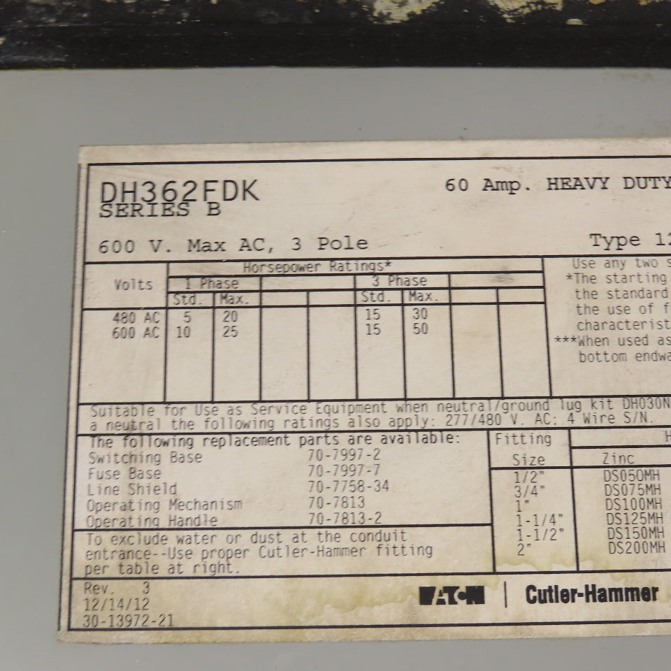 Eaton DH362FDK 60A 600VAC 250VDC 3 Pole Fused Safety Disconnect Switch