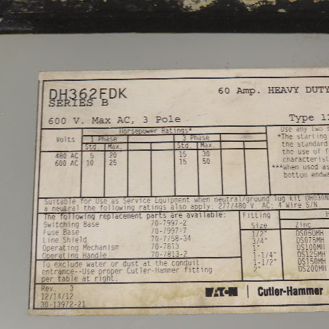 Eaton DH362FDK 60A 600VAC 250VDC 3 Pole Fused Safety Disconnect Switch