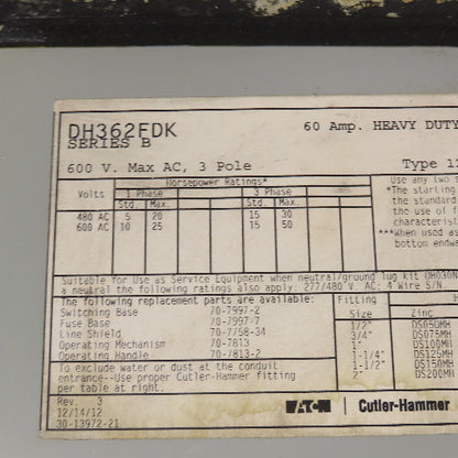 Eaton DH362FDK 60A 600VAC 250VDC 3 Pole Fused Safety Disconnect Switch