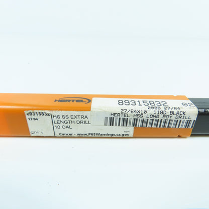 Hertel 89315832 27/64" x 10" Long 2 Flute Drill Bit HSS 118° Oxide Finish USA