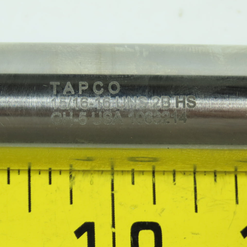 Tapco 15/16-16 UNS 4 Straight Flute Hand Tap 10" OAL 9/16" Shank USA