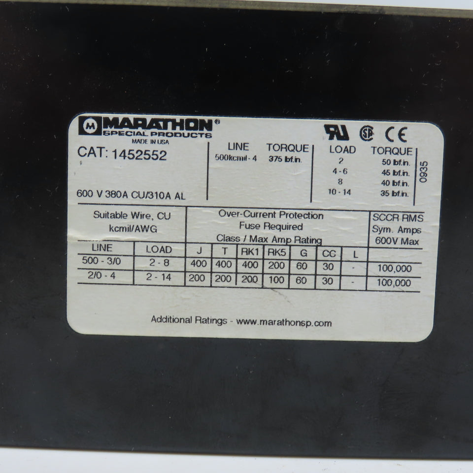 Marathon 1452552 380A 600VAC Power Distribution Block 2 Main 24 Secondary