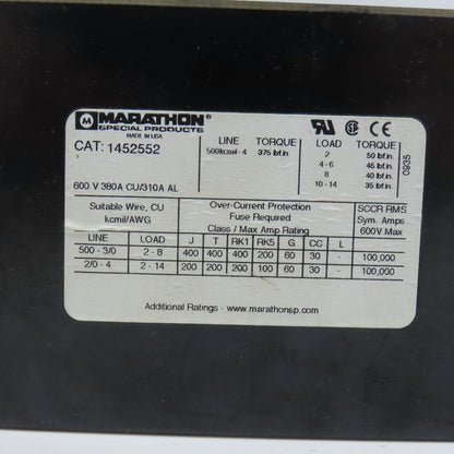 Marathon 1452552 380A 600VAC Power Distribution Block 2 Main 24 Secondary