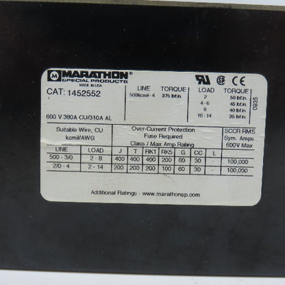 Marathon 1452552 380A 600VAC Power Distribution Block 2 Main 24 Secondary