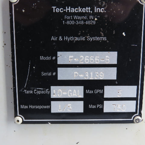 Tec-Hackett F-2666-B 10 Gallon 1/2HP Hydraulic Power Unit 230/460V 5GPM 750PSI