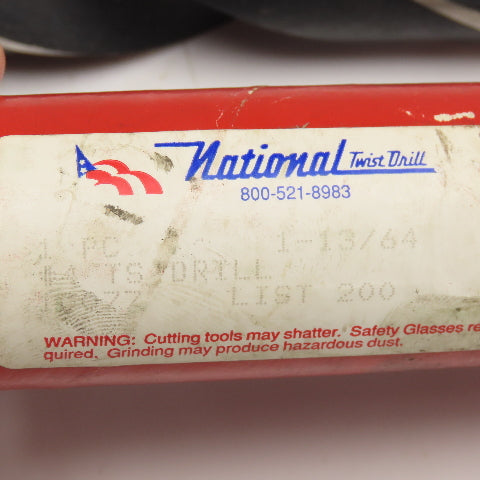 National Twist Drill 1-13/64" HSS 2 Flute Twist Drill MT4 Taper NOS
