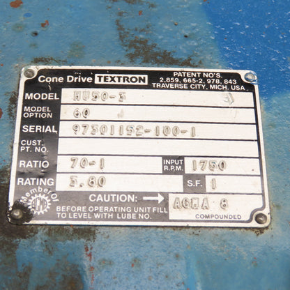 Textron HU50-3 Cone Drive 70:1 Ratio Dual Shaft Gear Reducer 25RPM Out 1.5"