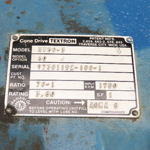 Textron HU50-3 Cone Drive 70:1 Ratio Dual Shaft Gear Reducer 25RPM Out 1.5"