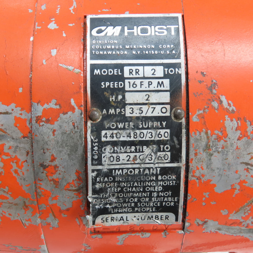 CM Lodestar Model RR 2 Ton 4000LB Electric Chain Hoist 15' Lift 16FPM 230/460V