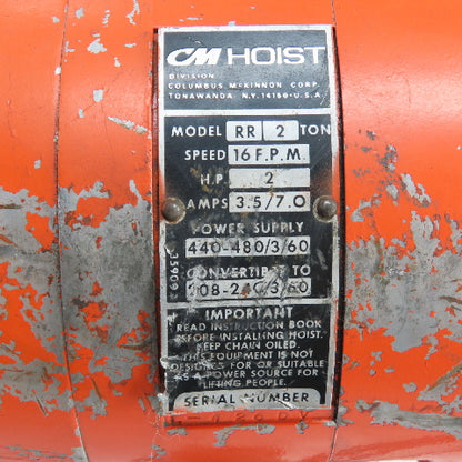 CM Lodestar Model RR 2 Ton 4000LB Electric Chain Hoist 15' Lift 16FPM 230/460V
