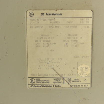 GE 9T21B1006G02 Single Phase 10.0kVA Transformer Pri 240/480 Sec 120/240V Tested