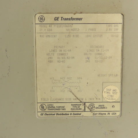 GE 9T21B1006G02 Single Phase 10.0kVA Transformer Pri 240/480 Sec 120/240V Tested
