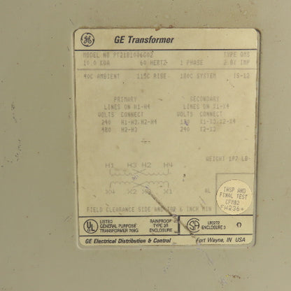 GE 9T21B1006G02 Single Phase 10.0kVA Transformer Pri 240/480 Sec 120/240V Tested