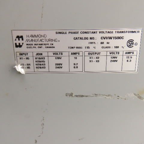 Hammond CVHW1500C 1PH Constant Voltage Transformer Pri 120/208-240 Sec 120/240V