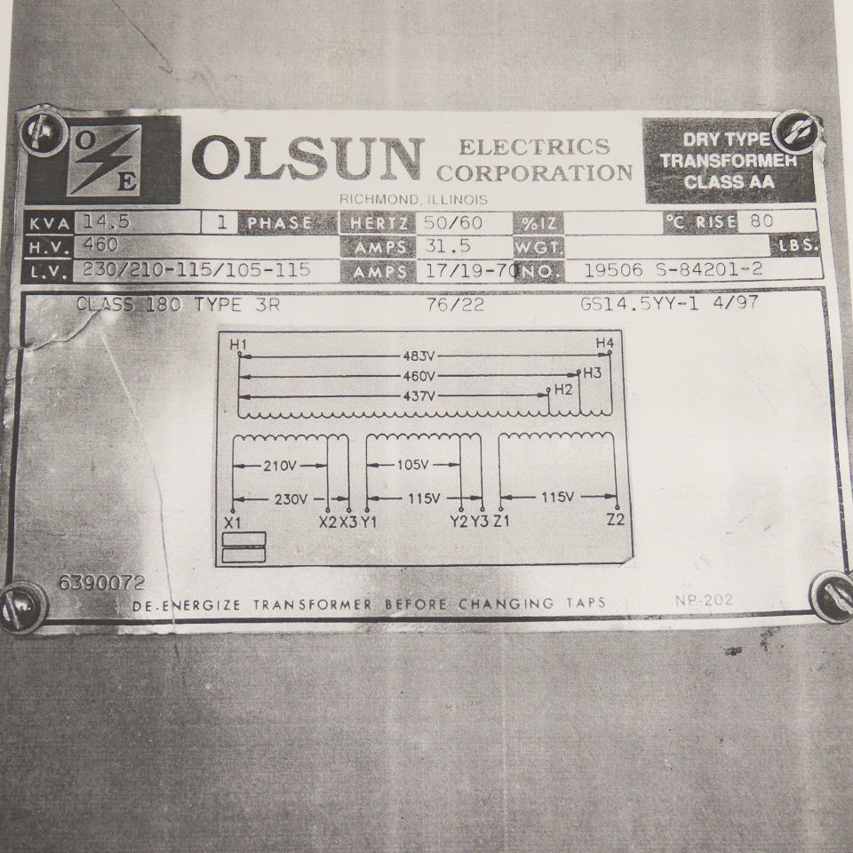 Olsun 14.5kVA Single Phase Transformer Pri 460 Sec 230/210-115/105-115 50/60HZ
