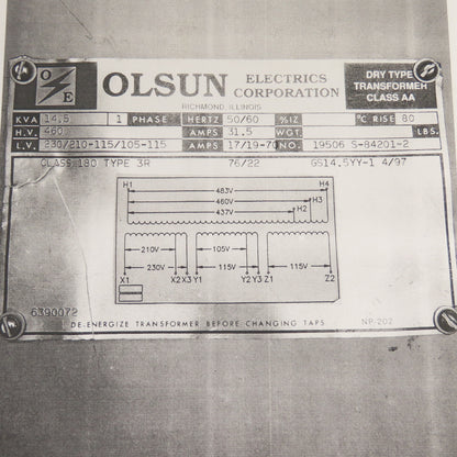 Olsun 14.5kVA Single Phase Transformer Pri 460 Sec 230/210-115/105-115 50/60HZ