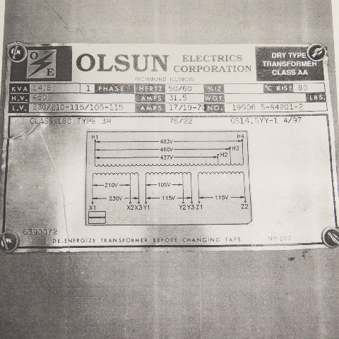 Olsun 14.5kVA Single Phase Transformer Pri 460 Sec 230/210-115/105-115 50/60HZ