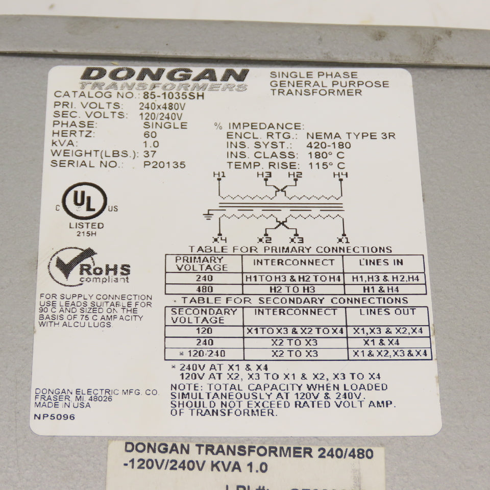 Dongan 85-1035SH 1.0kVA Single Phase Transformer Pri 240/480V Sec 120/240V 3R