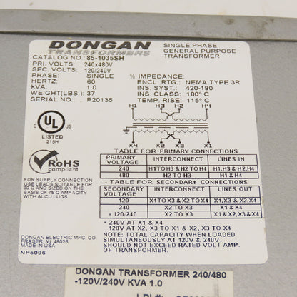 Dongan 85-1035SH 1.0kVA Single Phase Transformer Pri 240/480V Sec 120/240V 3R