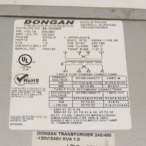 Dongan 85-1035SH 1.0kVA Single Phase Transformer Pri 240/480V Sec 120/240V 3R