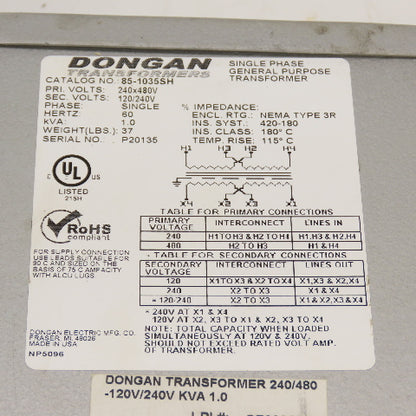Dongan 85-1035SH 1.0kVA Single Phase Transformer Pri 240/480V Sec 120/240V 3R