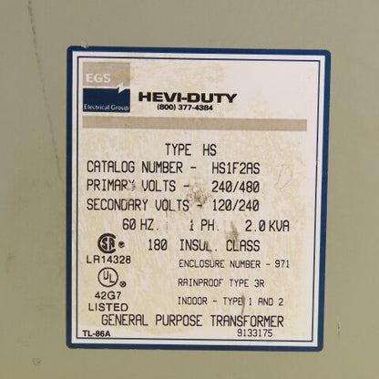Hevi-Duty HS1F2AS 2.0kVA Single Phase Transformer Pri 240/480V Sec 120/240V 3R