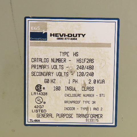 Hevi-Duty HS1F2AS 2.0kVA Single Phase Transformer Pri 240/480V Sec 120/240V 3R
