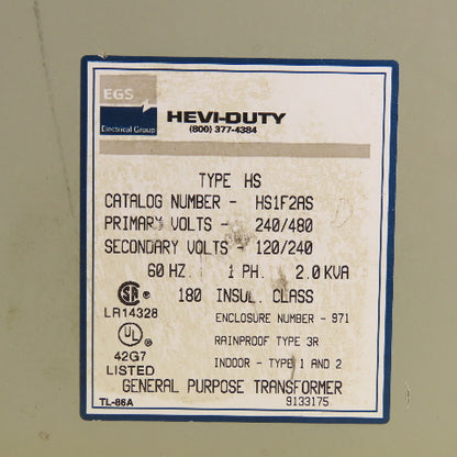 Hevi-Duty HS1F2AS 2.0kVA Single Phase Transformer Pri 240/480V Sec 120/240V 3R
