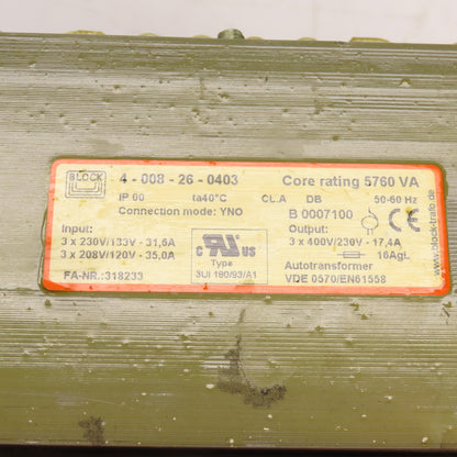 Block 4-008-26-0403 5760VA Step-Up Transformer Pri 230/133-208/120V Sec 400/230