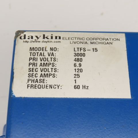 Daykin LTFS-15 Disconnect Transformer Pri 480V Sec 120V 25A Total VA 3000