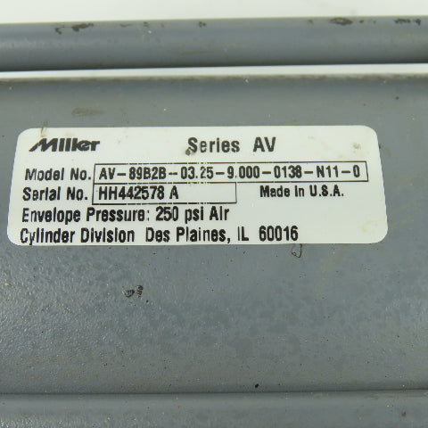 Miller AV-89B2B-03.25-9.000-0138-N11-0 Pneumatic Air Cylinder 3.25"Bore 9"Stroke