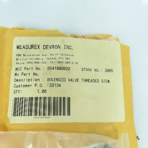 Measurex 6541800020 Threaded Stem Solenoid Valve NEW
