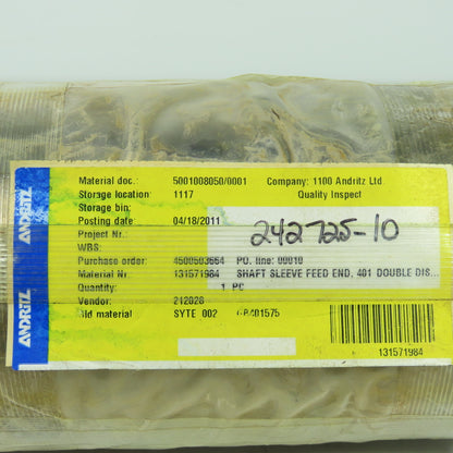 Andritz 242725-10 Shaft Sleeve Feed End 9" OAL 4500503664 5-1/2" OD Dia