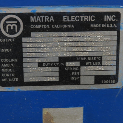 Matra Electric 90163083 16.5KVA Dry Type 30 Transformer Pri 240/480V Sec240/120V