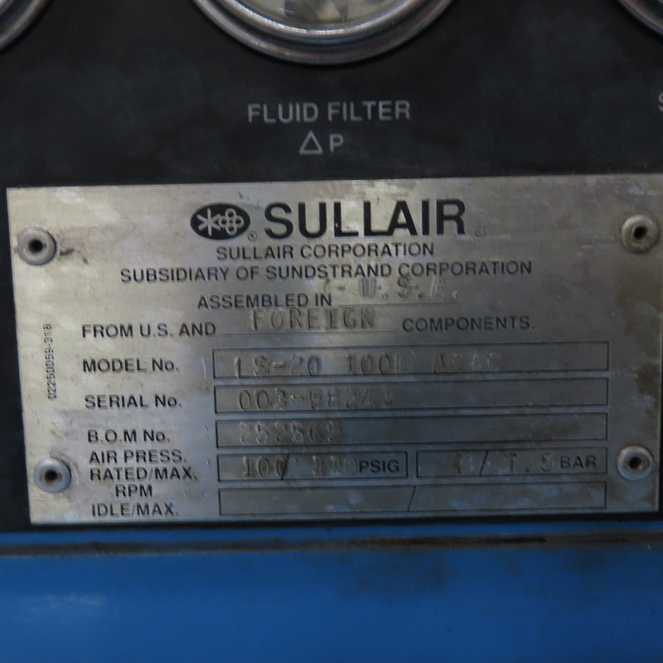 Sullair LS-20-100 100HP Rotary Screw Air Compressor 3Ph 480V 18,802 Hours