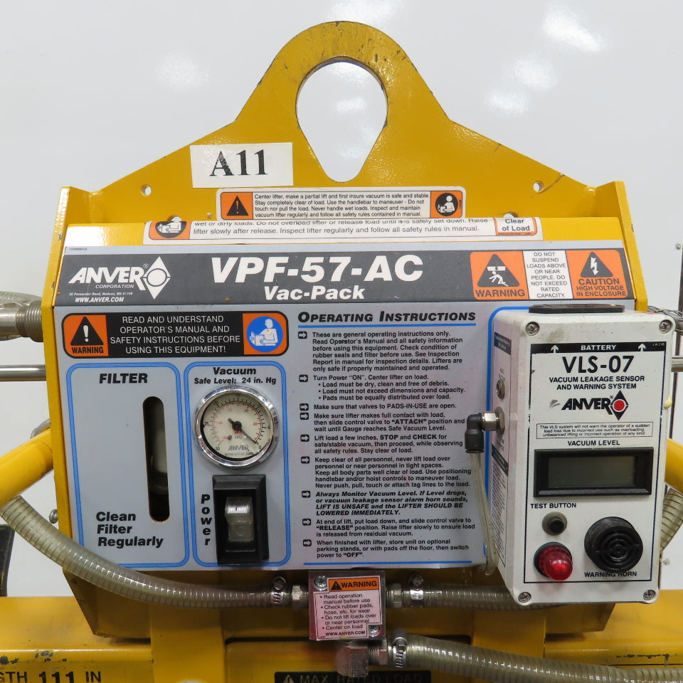 Anver VPF-57-AC 275 LB Two Pad Electric Side Gripper Vacuum Lifter 115V W/Cart