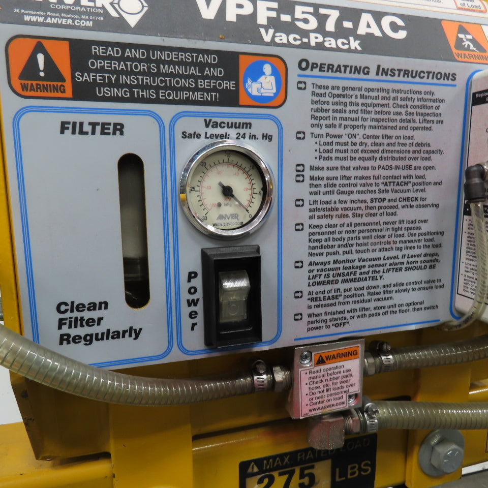 Anver VPF-57-AC 275 LB Two Pad Electric Side Gripper Vacuum Lifter 115V W/Cart