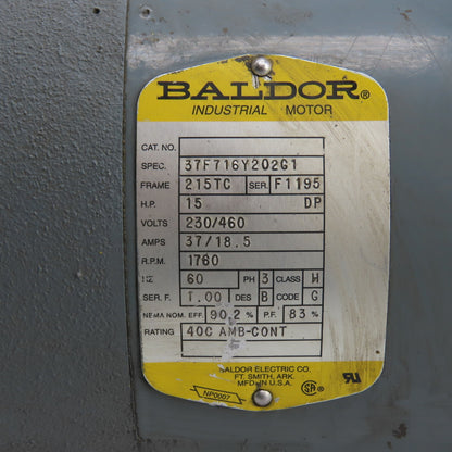 Baldor 37F716Y202G1 15HP AC Electric Spindle Motor 1760RPM 230/460V 3PH 215TC FR