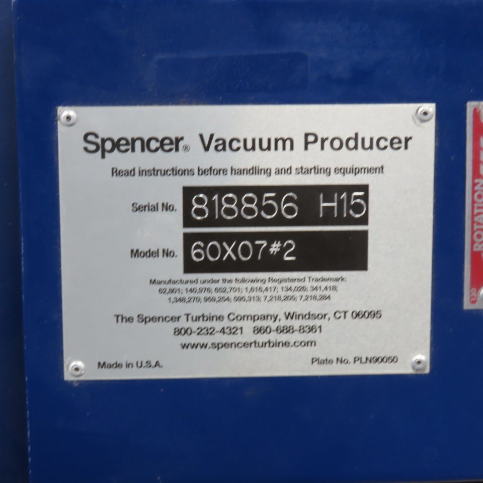 Spencer 60X07#2 7.5HP Vacuum Producer 3Ph 230/460V 4" Inlet/Outlet 3510RPM