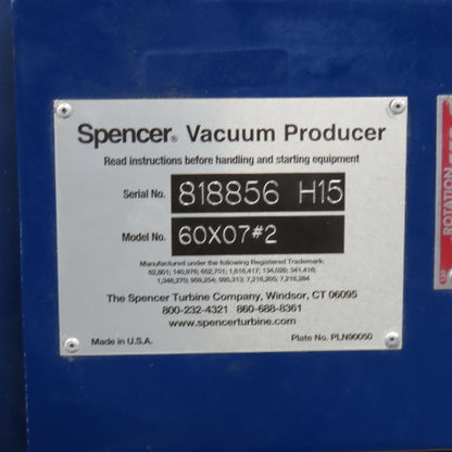 Spencer 60X07#2 7.5HP Vacuum Producer 3Ph 230/460V 4" Inlet/Outlet 3510RPM