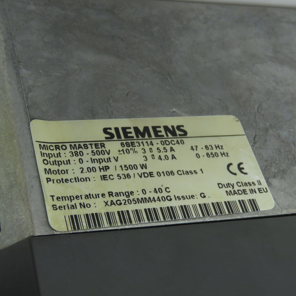 Siemens 6SE3114-0DC40 Micromaster Inverter Drive 380-500V 2.0HP 47-63HZ