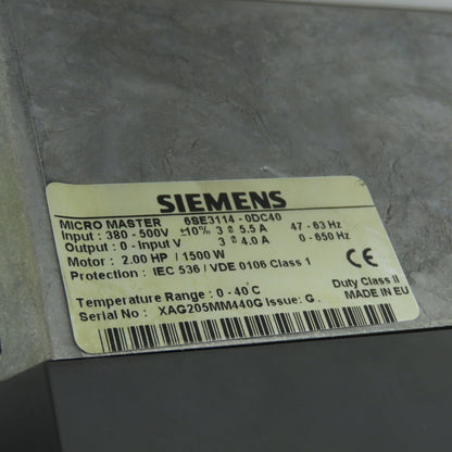 Siemens 6SE3114-0DC40 Micromaster Inverter Drive 380-500V 2.0HP 47-63HZ