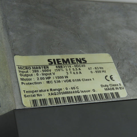 Siemens 6SE3114-0DC40 Micromaster Inverter Drive 380-500V 2.0HP 47-63HZ