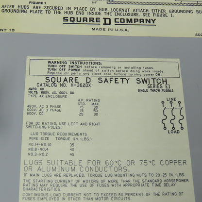 Square D H-362DX Krydon Heavy Duty Fusible Disconnect Switch 600VAC 60A 3Ph