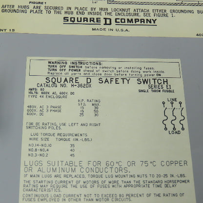 Square D H-362DX Krydon Heavy Duty Fusible Disconnect Switch 600VAC 60A 3Ph