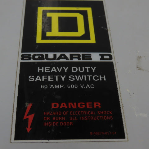 Square D H-362DX Krydon Heavy Duty Fusible Disconnect Switch 600VAC 60A 3Ph