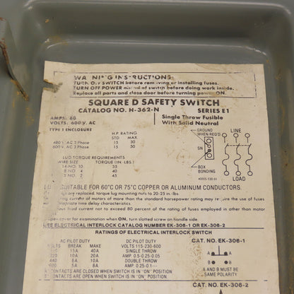 Square D H-362-N 60A 3-Pole Fusible Safety Disconnect Switch 600VAC Type 1 RUSTY