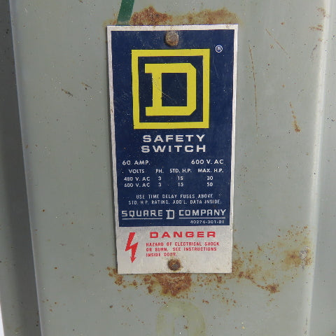 Square D H-362-N 60A 3-Pole Fusible Safety Disconnect Switch 600VAC Type 1 RUSTY