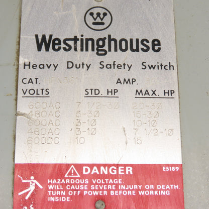 Westinghouse HFN361 30A Heavy Duty Fusible Safety Disconnect Switch 600V 3-Pole